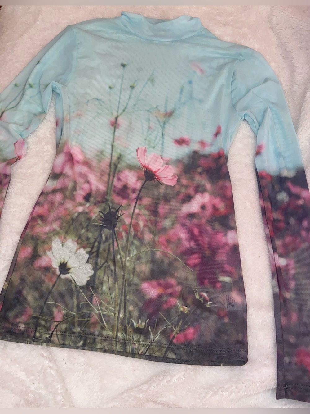 Floral Print Long Sleeve Mock Neck Top - Pink & Blue